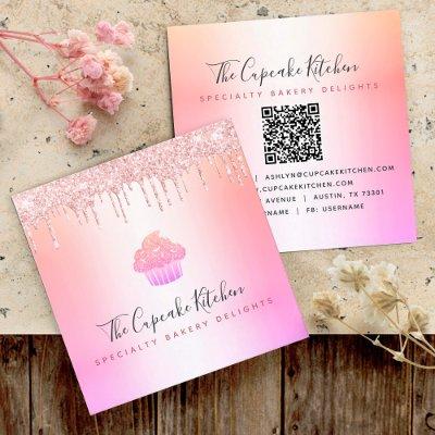 QR Code Cupcake Bakery Chef Pink Rainbow Glitter Square
