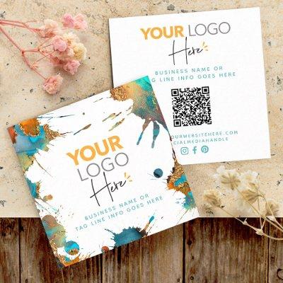 QR Code Gold Turquoise Watercolor Splatter Logo Square
