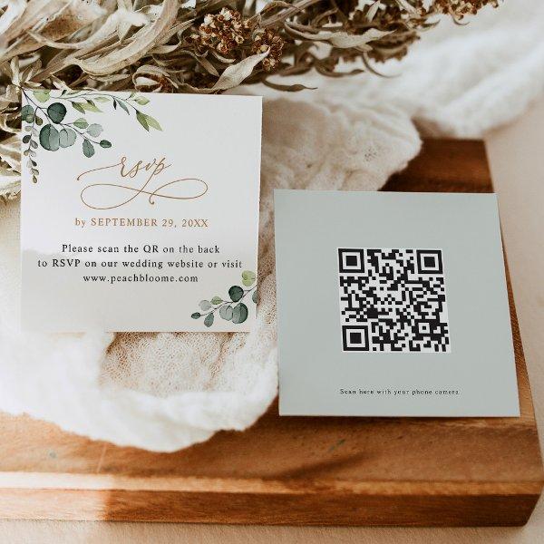 QR Code Greenery Gold Wedding Website RSVP Cards