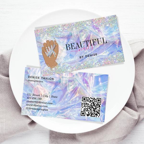 QR Code holographic nail salon woman hand nails