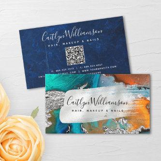 QR Code marble watercolor silver turquoise script