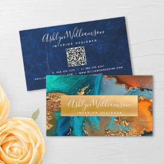 QR Code Marble Watercolor Turquoise Gold Orange