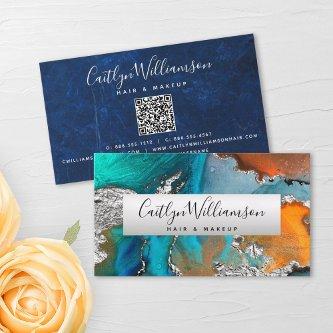 QR Code Marble Watercolor Turquoise Silver Orange