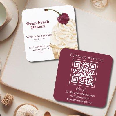 QR Code Maroon White Cupcake Bakery Square  Square