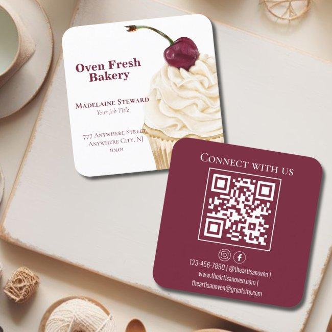 QR Code Maroon White Cupcake Bakery Square Square