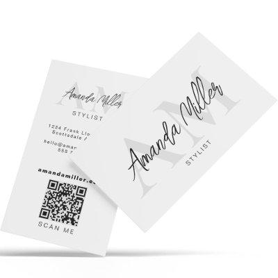 QR Code Modern Minimalist Monogram White Silver
