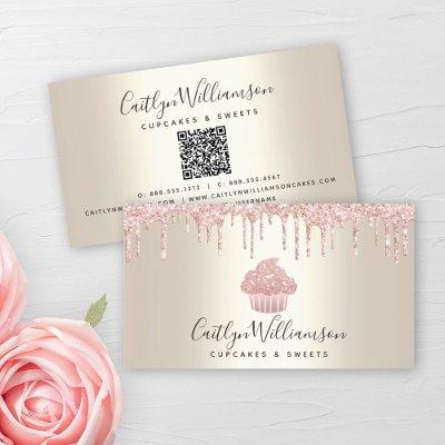 QR Code Pink Cupcake Bakery Chef Glitter Drip Gold