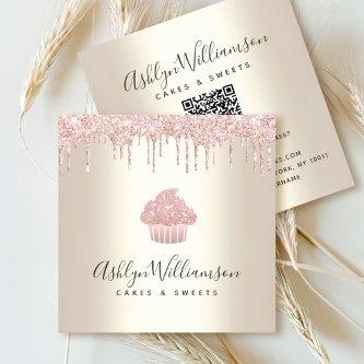 QR Code Pink Cupcake Glitter Drip Bakery Chef Gold Square