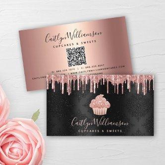 QR Code Pink Cupcake Glitter Drips Bakery Black