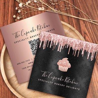 QR Code Pink Cupcake Glitter Drips Bakery Black Square