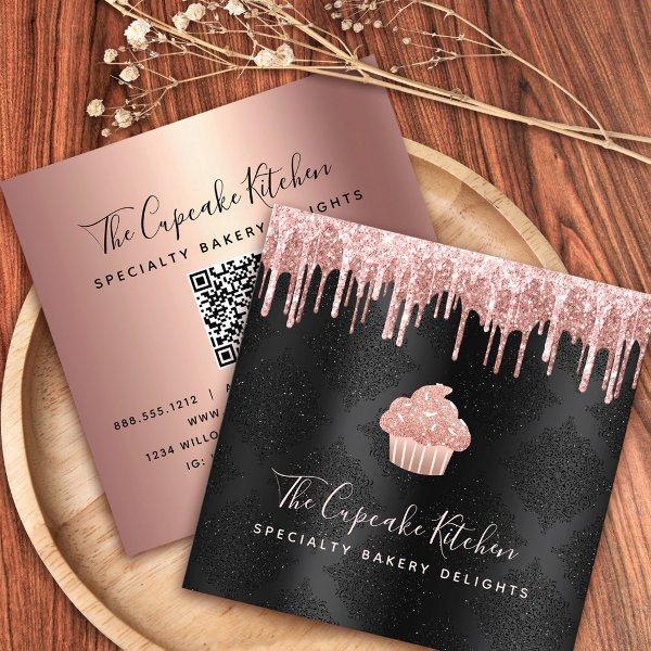 QR Code Pink Cupcake Glitter Drips Bakery Black Square