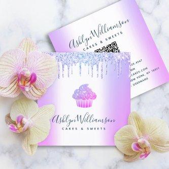 QR Code Purple Cupcake Glitter Drips Bakery Pastry Square