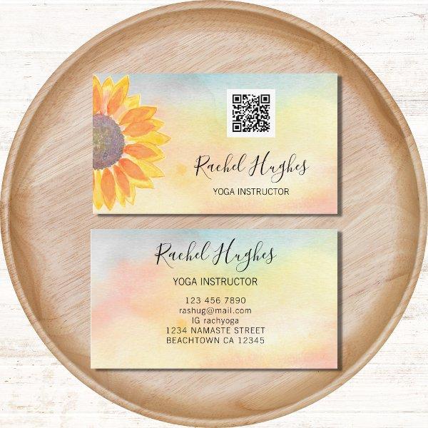 QR Code Yoga Instructor Sunflower Watercolor