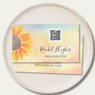 QR Code Yoga Instructor Sunflower Watercolor