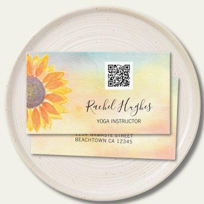 QR Code Yoga Instructor Sunflower Watercolor