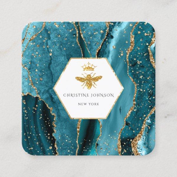 Queen bee logo on turquoise agate  square