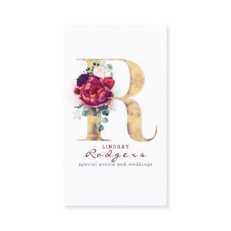 R Monogram Burgundy Red Flowers and Gold Glitter