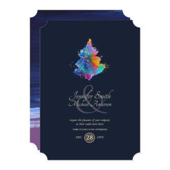Rainbow Christmas Tree COUPLES Event Navy Invitation