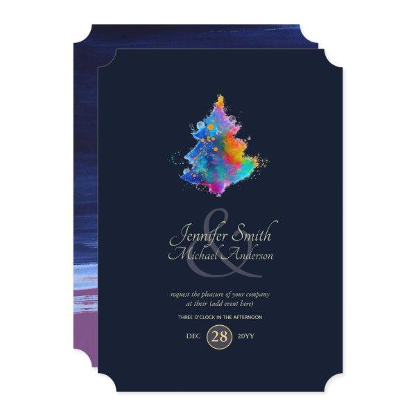 Rainbow Christmas Tree COUPLES Event Navy Invitation