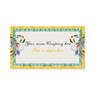 Rainbow scroll leaf yellow teal damask borders