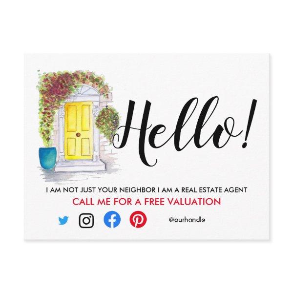Real Estate Agent HELLO yellow front door selling Announcement Postcard