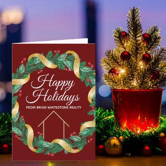 Real Estate Company Red Christmas Wreath Folded Holiday Card