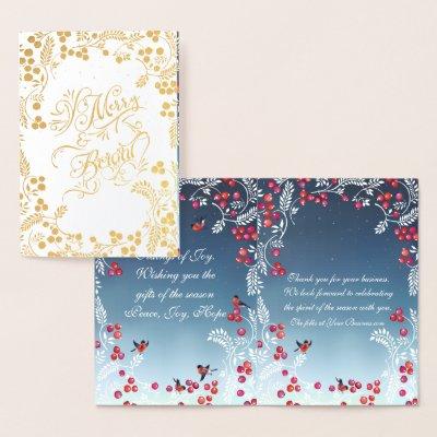 Real Foil Holly Berries & Leaves Business Holiday Foil Card
