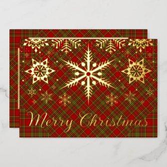 REAL Gold Foil Merry Christmas Snowflakes on Plaid Foil Holiday Card