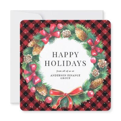 Red Buffalo Plaid Wreath Corporate Business Holiday Card
