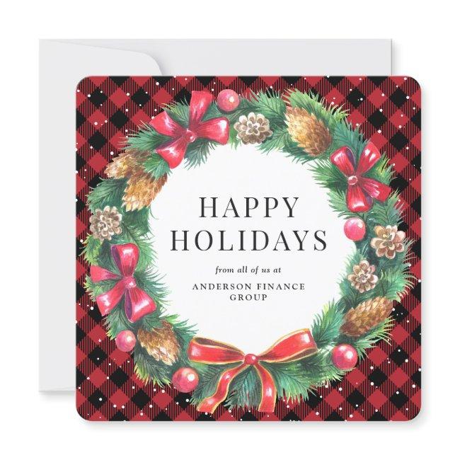 Red Buffalo Plaid Wreath Corporate Business Holiday Card