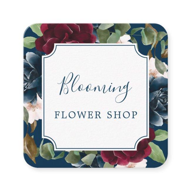 Red Burgundy & Blue Elegant Watercolor Flowers Square