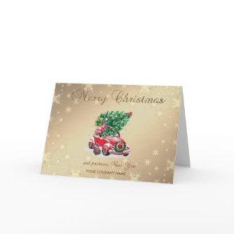 Red Car Pine Tree Present Merry Christmas Greeting Holiday Card