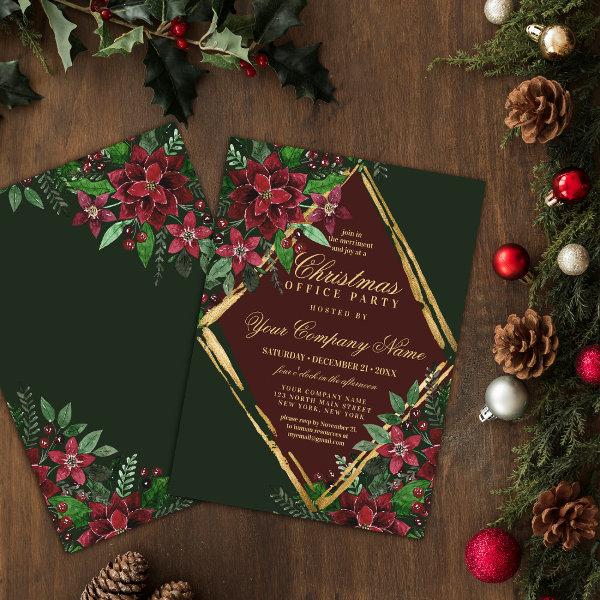 Red Gold Poinsettia Floral Corporate Christmas Invitation