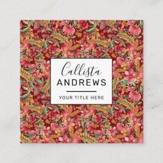 Red Golden Yellow Green Watercolor Flowers Pattern Square