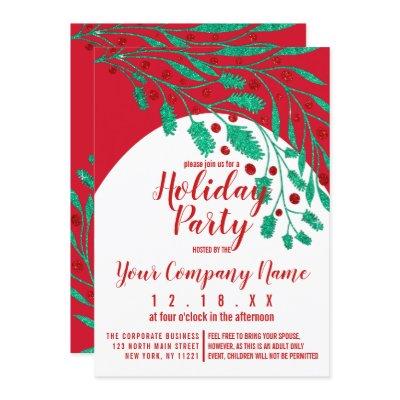 Red Green Glitter Holly and Ivy Corporate Holiday Invitation