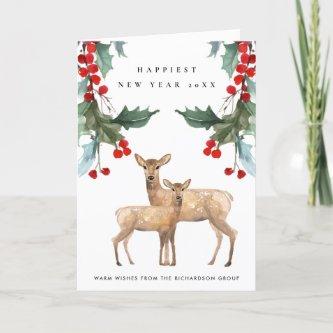 RED GREEN HOLLY BERRY DEER DUO NEW YEAR CORPORATE CARD