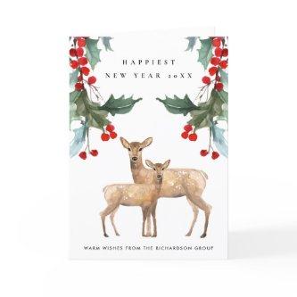 RED GREEN HOLLY BERRY DEER DUO NEW YEAR CORPORATE CARD