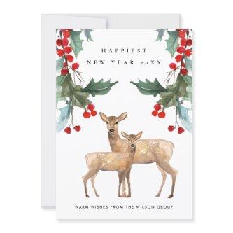 RED GREEN HOLLY BERRY DEER DUO NEW YEAR CORPORATE HOLIDAY CARD