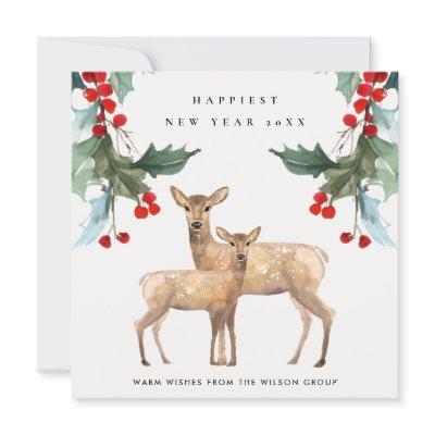 RED GREEN HOLLY BERRY DEER DUO NEW YEAR CORPORATE HOLIDAY CARD