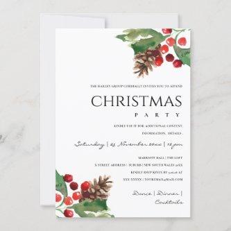 RED GREEN HOLLY BERRY PINE CONE CHRISTMAS PARTY HOLIDAY CARD