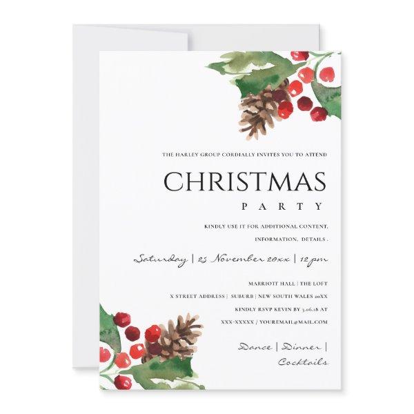 RED GREEN HOLLY BERRY PINE CONE CHRISTMAS PARTY HOLIDAY CARD