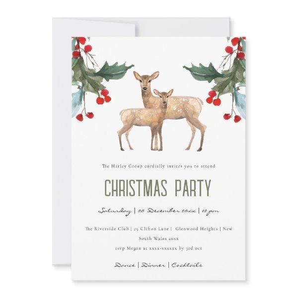 RED HOLLY BERRY DEER DUO CORPORATE CHRISTMAS PARTY HOLIDAY CARD