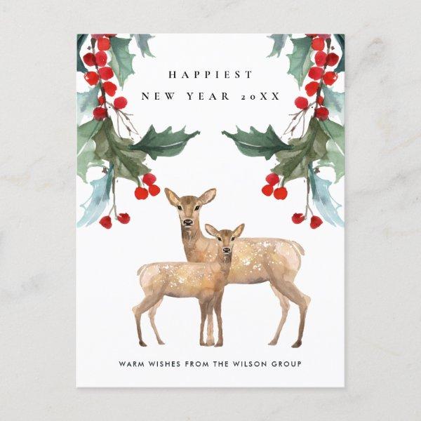 RED HOLLY BERRY DEER DUO NEW YEAR CORPORATE  LOGO HOLIDAY POSTCARD