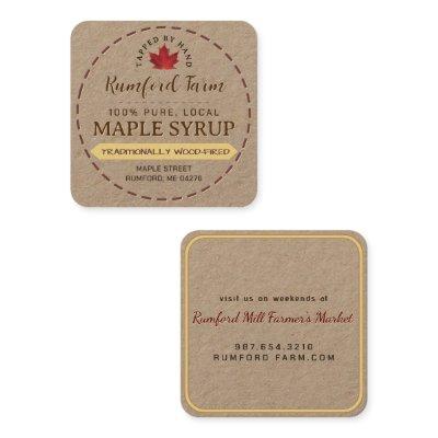 Red Maple Leaf on Kraft Maple Syrup Dashed Border Square