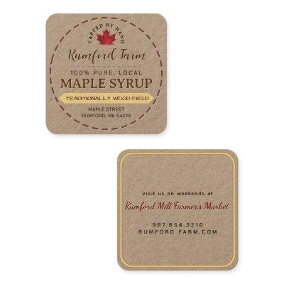 Red Maple Leaf on Kraft Maple Syrup Dashed Border Square