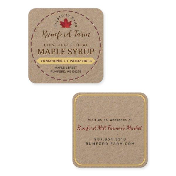 Red Maple Leaf on Kraft Maple Syrup Dashed Border Square