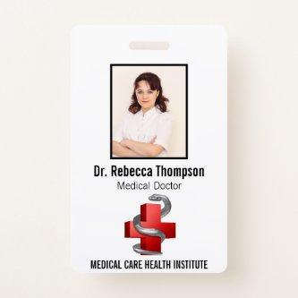 Red Medical Cross Silver Symbol Serpent Photo ID Badge