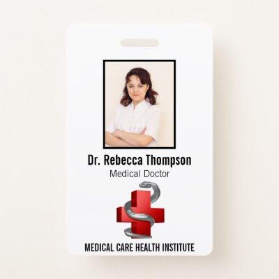 Red Medical Cross Silver Symbol Serpent Photo ID Badge