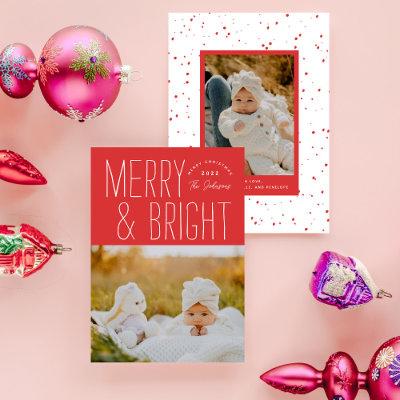 Red Merry & Bright Typographic Christmas Photo Holiday Card