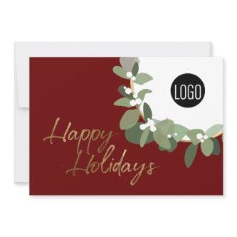 RED Modern Wreath Your Logo gold Happy Holidays  Holiday Card